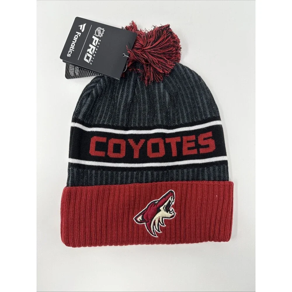 Arizona Coyotes Fanatics Pro Cuffed‎ Knit Hat Black with Pom Locker Room NWT
